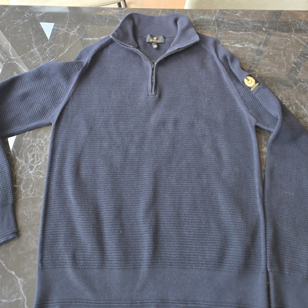 Belstaff Mens Quarter 1/4 Zip Pullover Knit Sweater‎ Arm Logo Large Navy Blue